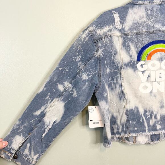 Lady Soulshine Bleach Splattered Good Vibes Only Rainbow Denim Jacket Small NWT - Picture 6 of 11